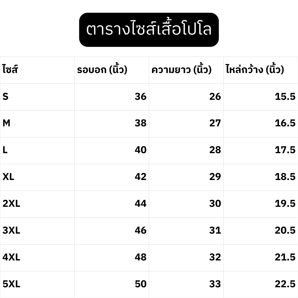 ตารางไซส์เสื้อโปโล